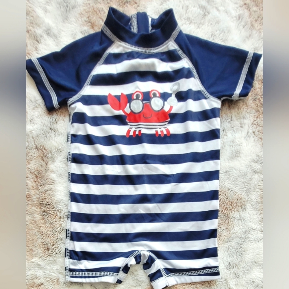 WIPPETTE Rashguard One Piece Swimsuit Pirate Crab Navy White Stripes 6M